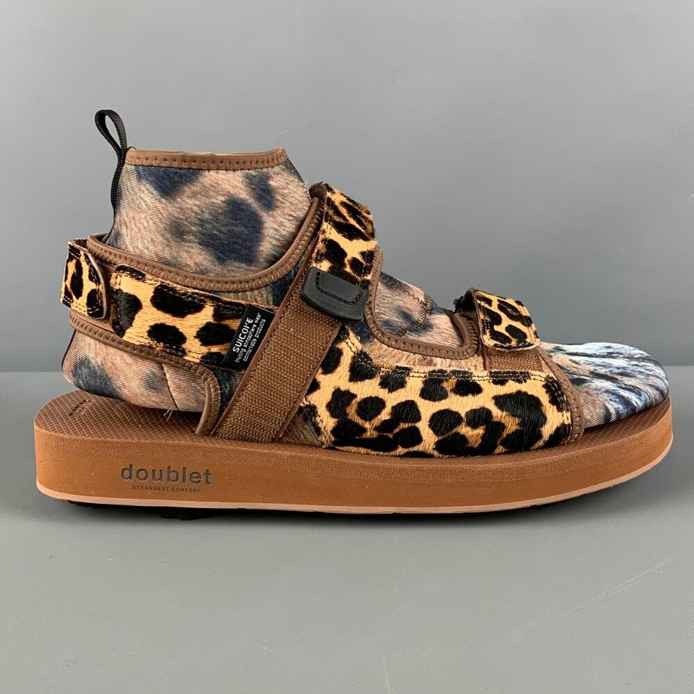 DOUBLET Size 10 Brown Tan Animal Print Mixed Materials Straps Sandals